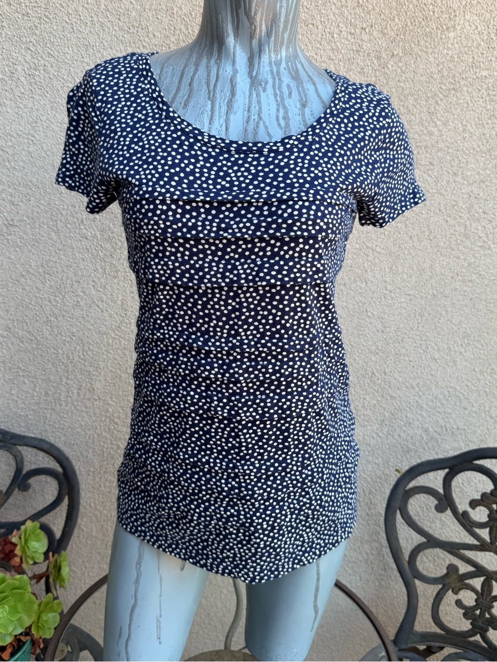 LOFT Navy White Polka Dot Short Sleeve Tee